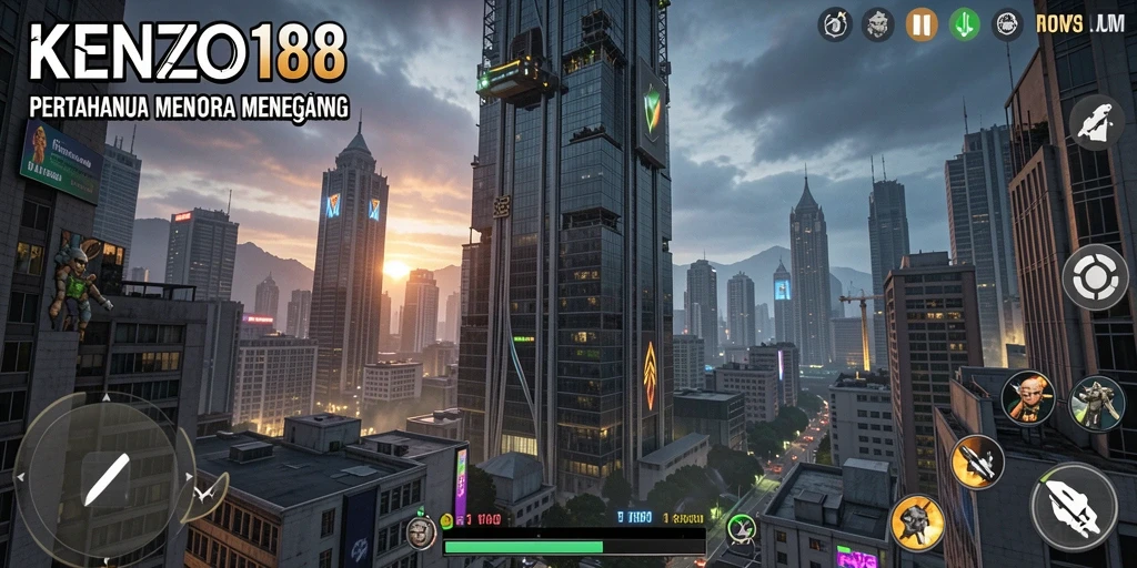 Screenshot gameplay KENZO188 menunjukkan aksi menara bertahan.