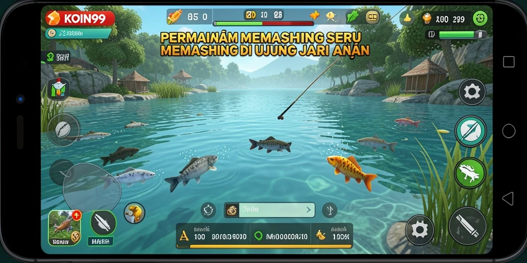 Tampilan gameplay KOIN99 dengan suasana memancing yang menawan.