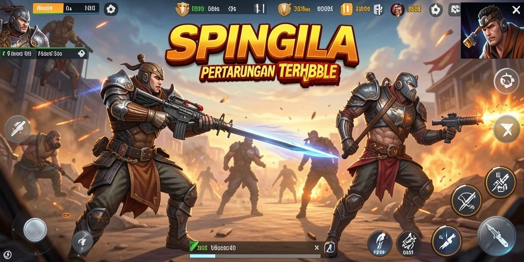 Tangkapan layar gameplay SPINGILA yang menunjukkan aksi pertempuran intens di Battle Royale.