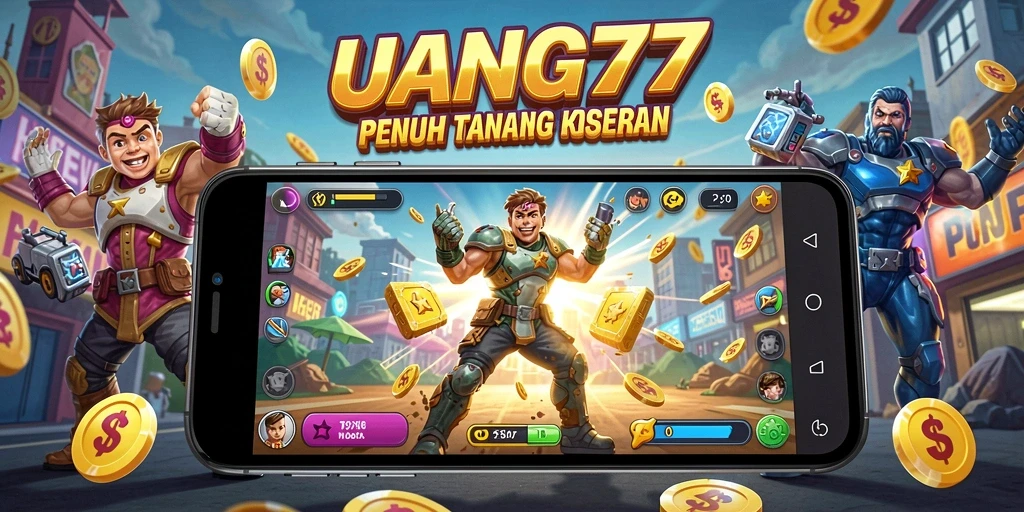 Screenshot utama UANG77 menampilkan gameplay Arcade yang dinamis dan penuh aksi.