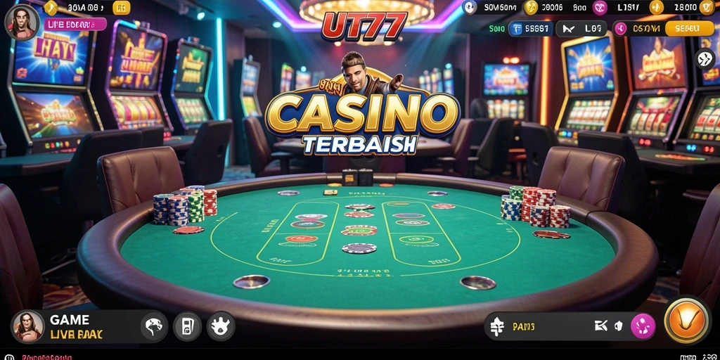 Tangkapan layar UT77 menampilkan dealer profesional dalam sesi Live Casino yang mendebarkan.
